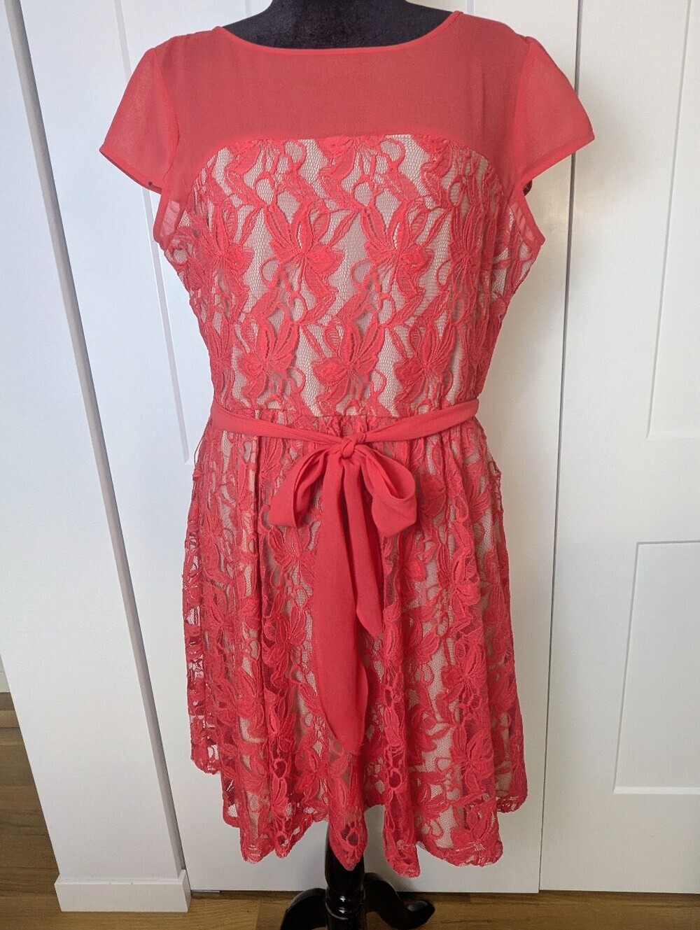 Danny and Nicole Women's Bright Coral and Tan Lace Fit & Flare Mini Dress Sz 16